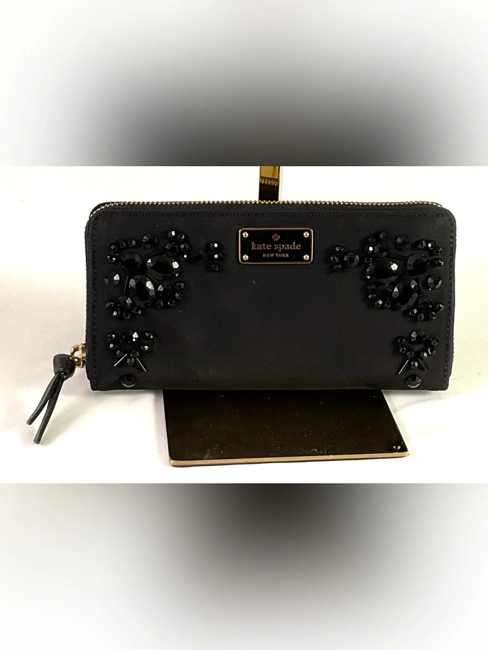 Kate Spade-“WILSON”-durable, black nylon fabric -beaded zip around wallet